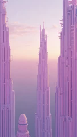 Vertical cinematic sunrise over pastel futuristic skyscraper skyline glowing above low clouds