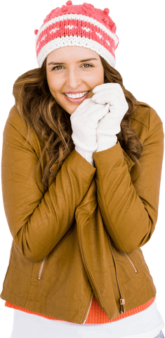 Transparent portrait of young woman shivering in warm attire
