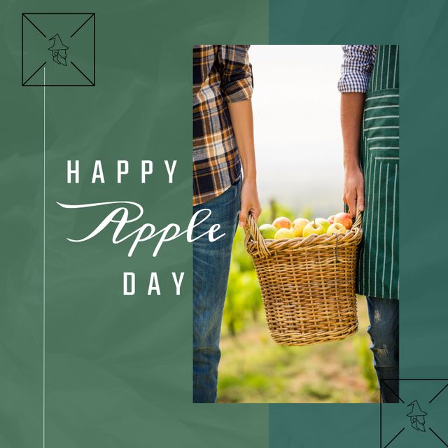 Caucasian couple holding a wicker basket filled with fresh apples, standing in an orchard. Perfect for promotions or celebrations related to agriculture, apple harvest, and autumn festivals.