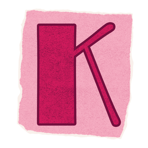 Stylized uppercase letter k on pink paper with torn edges