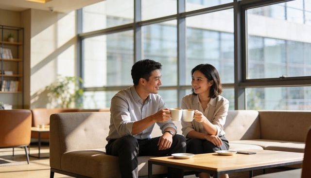 Colleagues Clinking Coffee Mugs in Sunlit Modern Office Lounge During Casual Break
