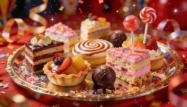 Celebrating Festive Dessert Platter of Mini Cakes, Fruit Tarts, Truffles and Lollipops