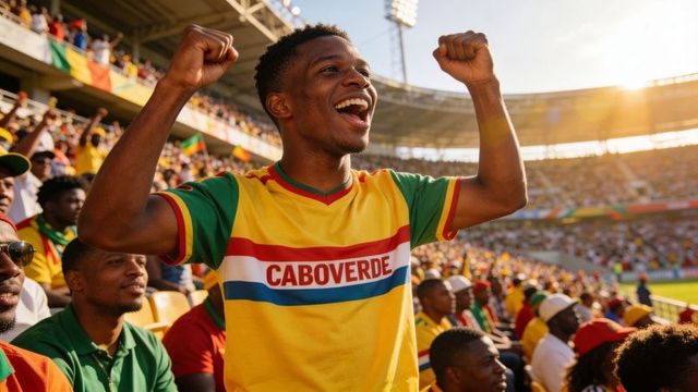 Young football fan cheering and raising fists wearing caboverde jersey in packed stadium