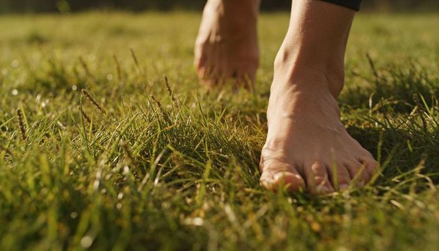 Walking barefoot across sunlit grass at golden hour pressing toes into dew-kissed lawn