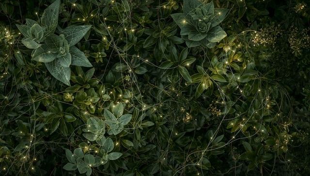 Warm white fairy lights weaving through lush green foliage and rosette leaves at night