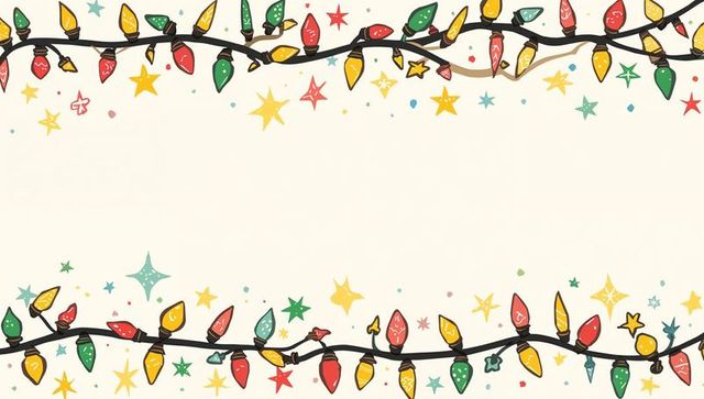 Hand-drawn festive string lights border on cream holiday card template with stars