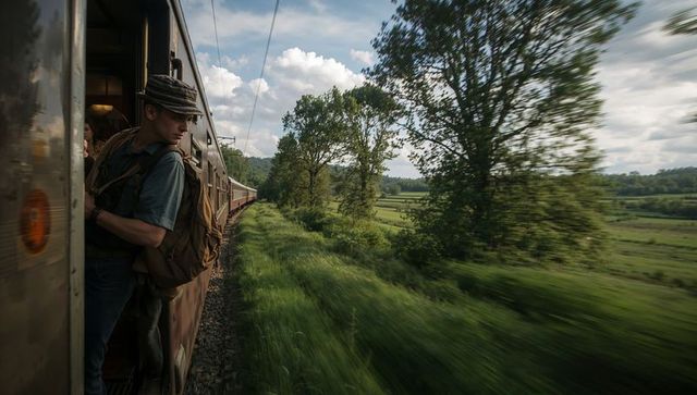 Leaning backpacker holding train door and looking along tracks through green countryside
