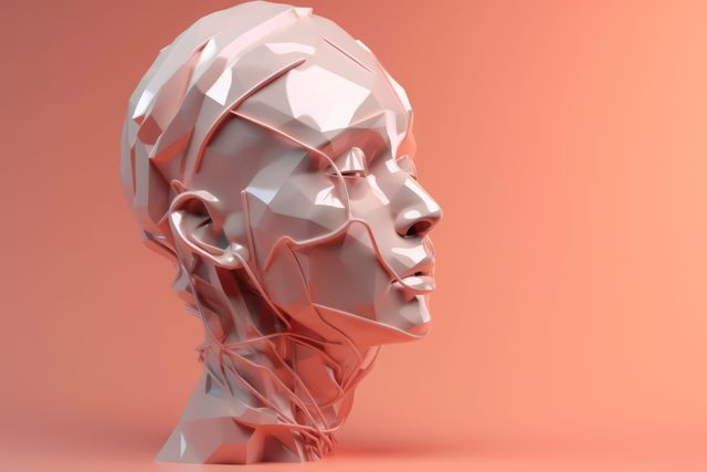 Close up of shiny face sculpture on orange background, created using generative ai technology. Art and modern abstract face sculpture design concept digitally generated image.