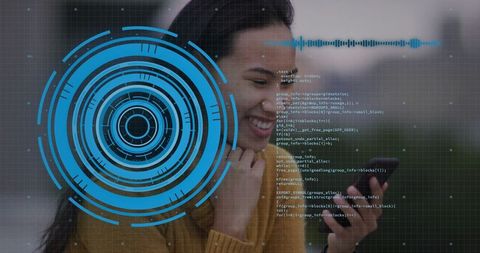 Woman interacting with smartphone and holographic display outdoors