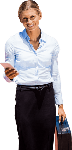Businesswoman in formal attire using smartphone on transparent background