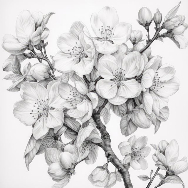 High-resolution close-up of cherry blossoms in black and white, showcasing delicate petals and intricate details. Ideal for use in botanical illustrations, greeting cards, vintage design themes, and nature artwork.