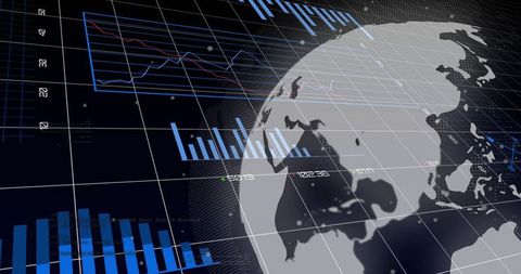Global Data Dashboard Showing 3D Translucent Globe with Blue Analytics Charts