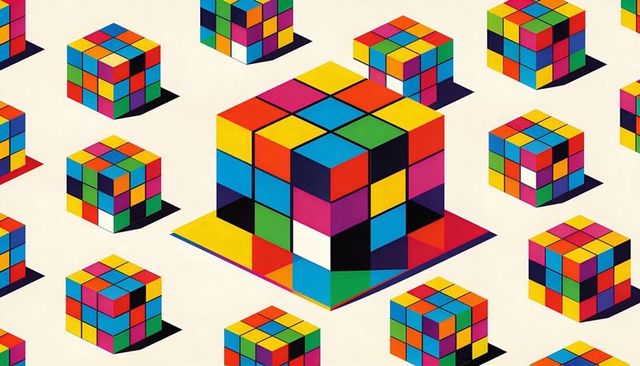 Isometric retro rainbow cube pattern with central puzzle block on cream field