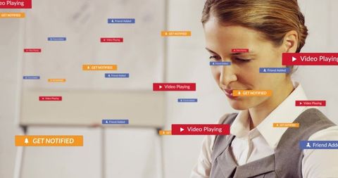 Businesswoman viewing floating notification labels during office presentation