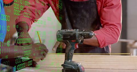 Woodworking team collaborating on smart workshop project with drill and digital overlay