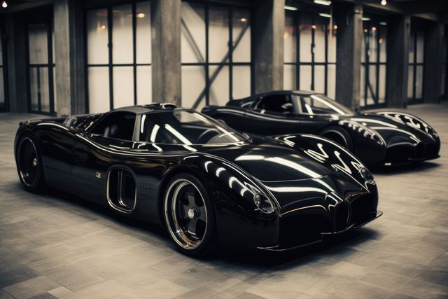 These sleek black luxury hypercars are stationed in a modern garage. Perfect for content related to luxury lifestyles, automotive design, sports cars, and high-end vehicles. Use for advertisements, magazine features, blog posts, and luxury vehicle promotions.