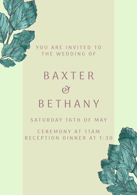 Botanical themed wedding invitation includes foliage accents, ideal for garden events and elegant weddings. Features space for names, date, and ceremony details. Perfect for garden or nature-themed weddings, formal events, and announcements of special occasions.