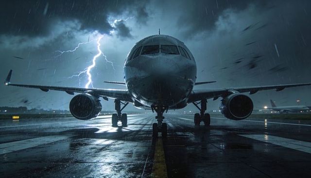 Commercial jet standing on wet runway at night with nose landing gear and lightning strike