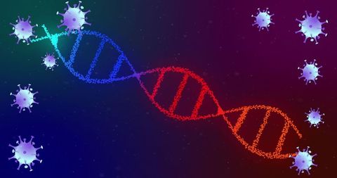 Futuristic DNA Helix Surrounded by Virus Particles in Digital Space