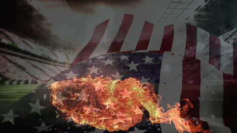USA Flag Waving Amidst Intense Flames in Stadium