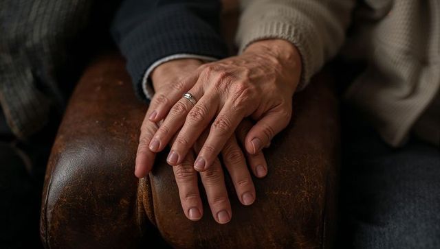 Resting elder hands on vintage leather armrest with wedding ring and knit sleeves