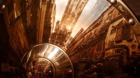 Spinning bronze concave reflection capturing distorted urban street and riveted hub motion