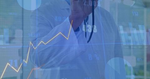 Doctor holding stethoscope overlaid with healthcare analytics graphs and growth trend