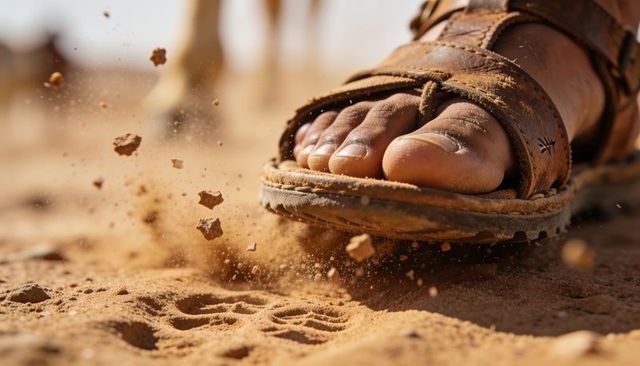 Worn leather sandal kicking up dust and pebbles on arid desert ground close-up