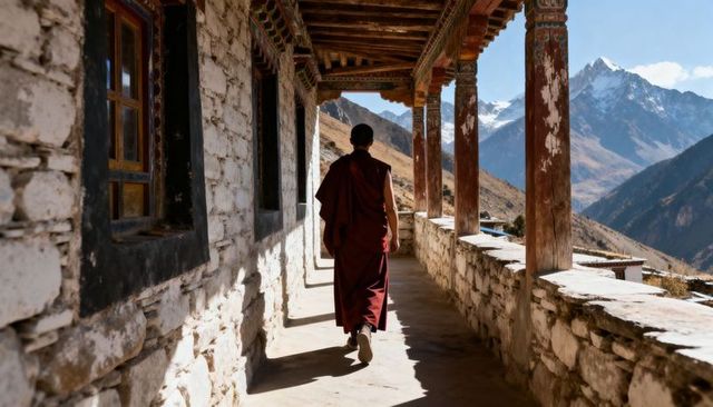 Monk Walking Along Sunlit Monastery Corridor Overlooking Snowy Mountain Peaks