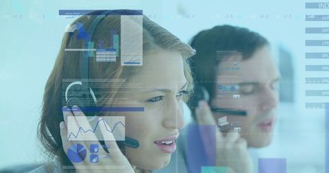 Call center agents analyzing digital data with headsets