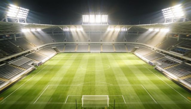 Floodlights bathing empty football stadium at night, illuminating pitch and goal