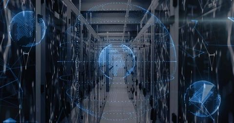 Holographic Global Network Projecting Over Server Aisle in Futuristic Data Center Corridor