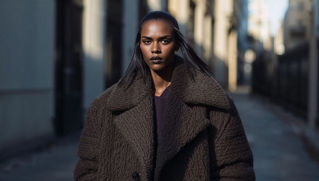 Standing woman wearing oversized textured dark brown bouclé coat in moody urban alley
