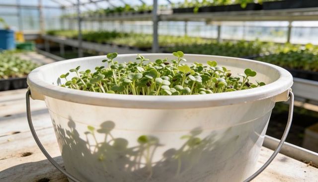 Growing microgreens in white bucket on nursery bench casting shadows in sunlit greenhouse