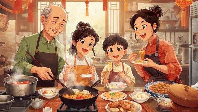 Multigenerational family cooking noodles and dumplings in warm traditional kitchen