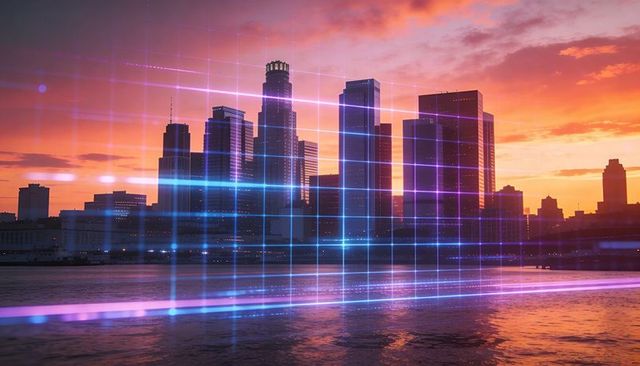 Glowing neon grid overlaying waterfront skyline, towers casting reflections at sunset