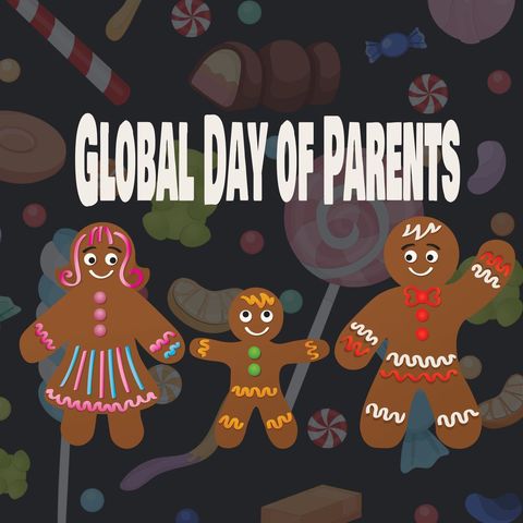 Gingerbread family celebrating global day of parents with candy background