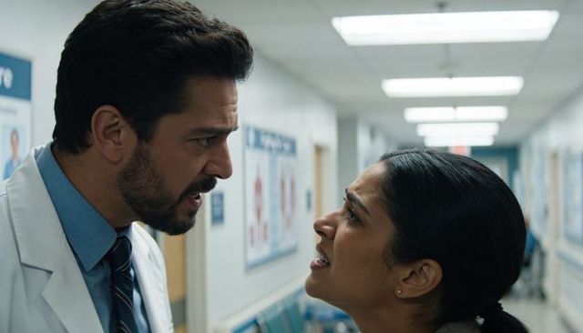 Doctor confronting patient in tense hospital corridor during heated clinical dispute