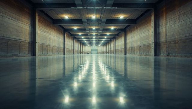 Spacious Empty Warehouse Interior with Polished Concrete Floor
