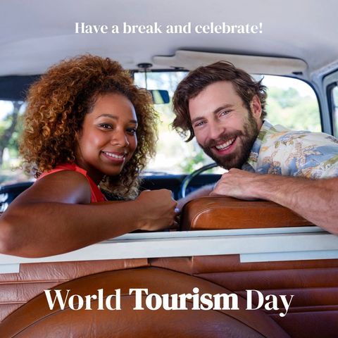 diverse couple smiling in van celebrating world tourism day - Download Free Stock Templates Pikwizard.com
