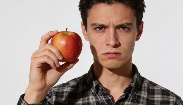 Young man holding red apple with serious expression and dramatic sidelight portrait