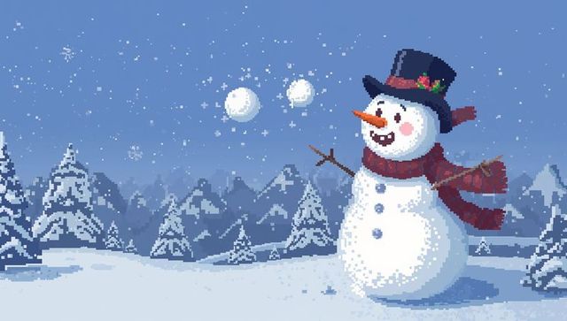 Pixel art snowman waving top hat and red scarf on snowy mountain plain under starry sky