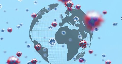 3d globe with floating virus particles on blue background
