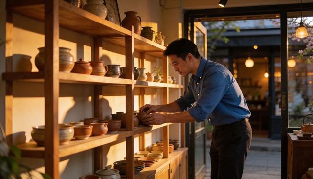 Craftsman arranging handmade ceramics on wooden shelves in sunlit pottery storefront