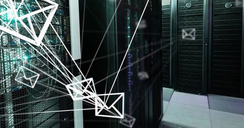 Visualizing email traffic in data center with glowing server racks and network envelopes