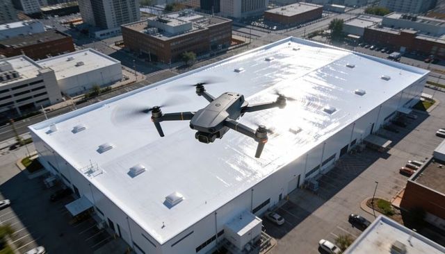 Flying consumer drone surveying white-roofed warehouse with skylights and loading docks