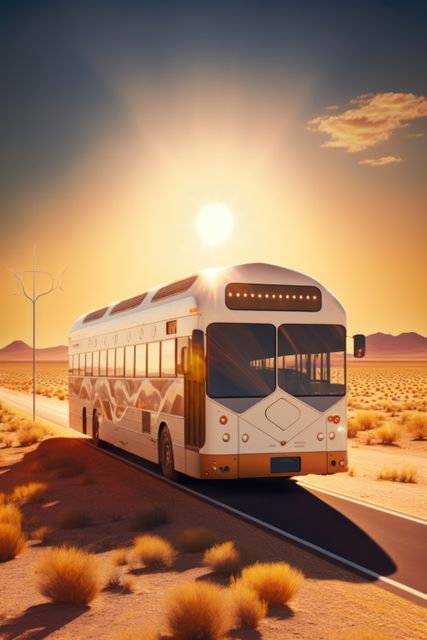 Solar powered bus driving in countryside, created using generative ai technology. Solar power, sustainability and green energy concept digitally generated image.