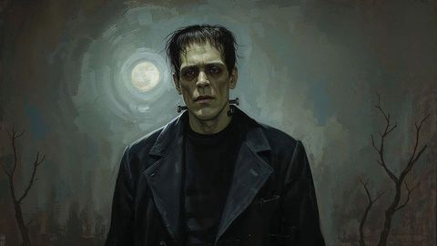 Mysterious frankenstein creature in moonlit gothic setting