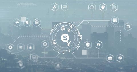 Digital Currency Icons over Modern Cityscape - Download Free Stock Images Pikwizard.com