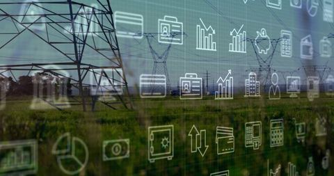Power grid and data icons symbolizing modern infrastructure
